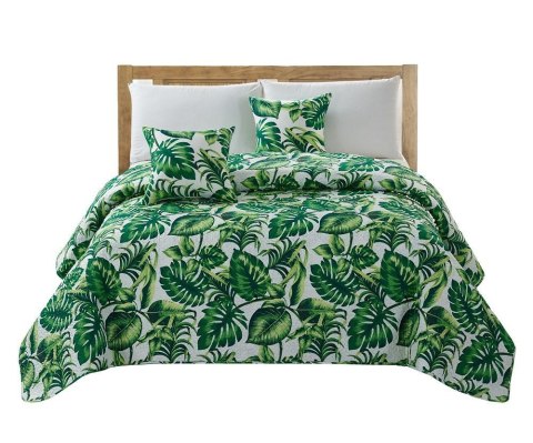 Narzuta dekoracyjna 240x260 biała liście monstera palmy pikowana Palms Narzuta dekoracyjna 240x260 biała liście monstera palmy pikowana Palms