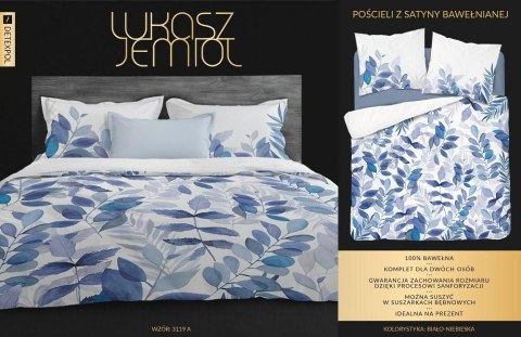 Pościel satynowa 220x200 Liście Łukasz Jemioł biała niebieska Ekskluzywna dwustronna 3119 A Pościel satynowa 220x200 Liście Łukasz Jemioł biała niebieska Ekskluzywna dwustronna 3119 A