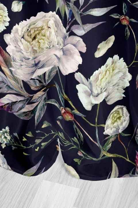 Zasłona Peony 140x250 peonie kwiaty czarna gotowa na przelotkach do salonu Zasłona Peony 140x250 peonie kwiaty czarna gotowa na przelotkach do salonu