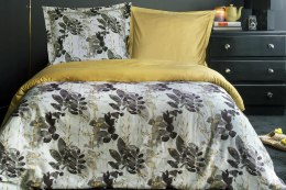 Pościel satynowa 220x200 Olivia w pudełku liście szara musztardowa dwustronna Luxury Premium