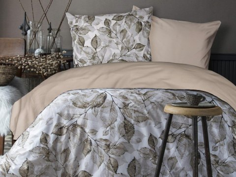 Pościel satynowa 220x200 Pomeo w pudełku beżowa biała liście Luxury Pościel satynowa 220x200 Pomeo w pudełku beżowa biała liście Luxury