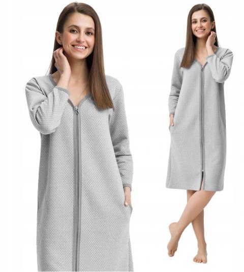 Szlafrok damski 214 XL szary podomka na suwak z kieszeniami z wytłaczanym wzorem bawełniany rękaw 7/8 Szlafrok damski 214 XL szary podomka na suwak z kieszeniami z wytłaczanym wzorem bawełniany rękaw 7/8