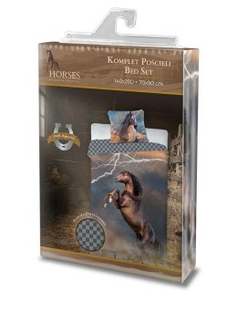 Pościel bawełniana 160x200 koń piorun szachownica Horses 003 młodzieżowa poszewka 70x80