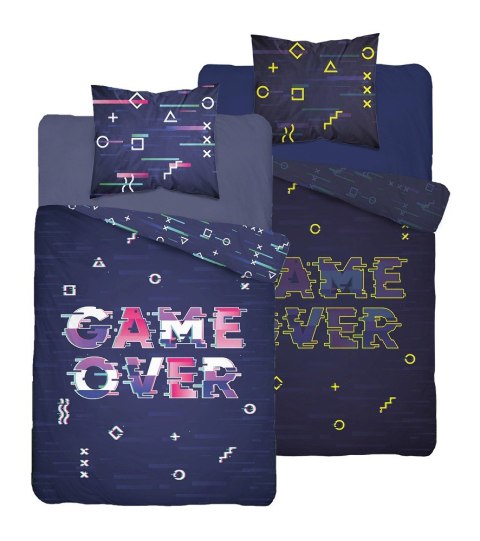 Pościel świecąca w ciemności 160x200 Game Over dla gracza granatowa różowa młodzieżowa 3678A Fluo 0322 Pościel świecąca w ciemności 160x200 Game Over dla gracza granatowa różowa młodzieżowa 3678A Fluo 0322
