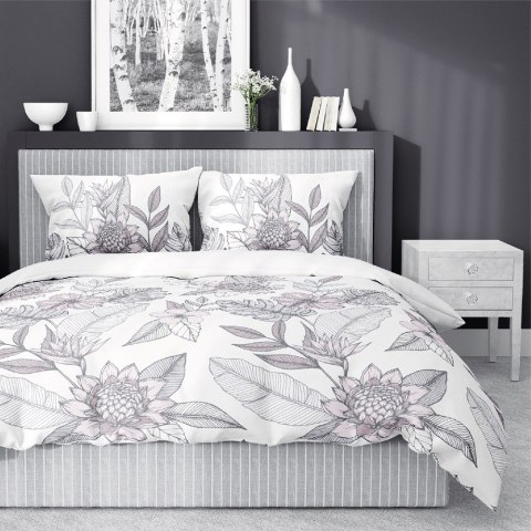 Pościel satynowa 160x200 biała szara kwiaty liście 4125 B Home Satin 001 Pościel satynowa 160x200 biała szara kwiaty liście 4125 B Home Satin 001