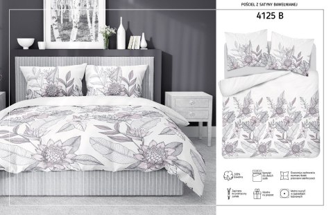 Pościel satynowa 160x200 biała szara kwiaty liście 4125 B Home Satin 001 Pościel satynowa 160x200 biała szara kwiaty liście 4125 B Home Satin 001