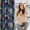 Zasłona 140x250 Rina granatowa złota z łyszczącym nadrukiem botanicznym gotowa na przelotkach Eurofirany