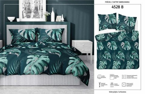 Pościel satynowa 180x200 4528 B turkusowa morska liście monstery Home Satin 131 Pościel satynowa 180x200 4528 B turkusowa morska liście monstery Home Satin 131
