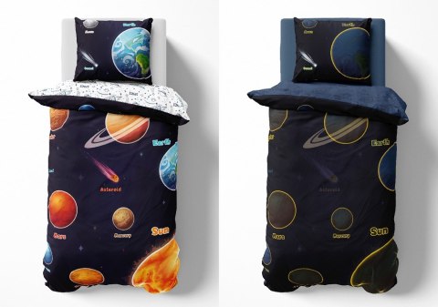 Pościel świecąca w ciemności 160x200 Kosmos planety granatowa kolorowa 4639 A Fluo 76 Pościel świecąca w ciemności 160x200 Kosmos planety granatowa kolorowa 4639 A Fluo 76