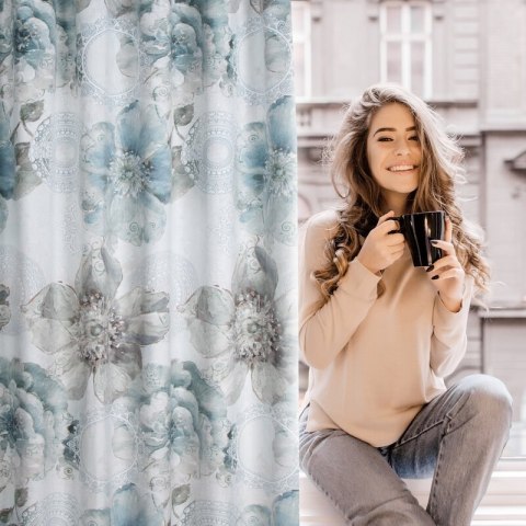 Zasłona 140x270 Vivian turkusowa beżowa kwiaty welurowa gotowa na taśmie Eurofirany Zasłona 140x270 Vivian turkusowa beżowa kwiaty welurowa gotowa na taśmie Eurofirany