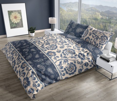 Pościel satynowa 160x200 Pure Sateen 008 kremowa niebieska kwiaty Faro Pościel satynowa 160x200 Pure Sateen 008 kremowa niebieska kwiaty Faro