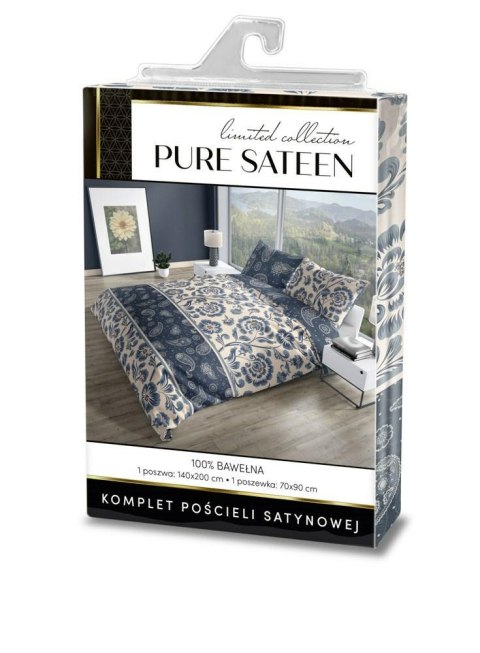 Pościel satynowa 160x200 Pure Sateen 008 kremowa niebieska kwiaty Faro Pościel satynowa 160x200 Pure Sateen 008 kremowa niebieska kwiaty Faro
