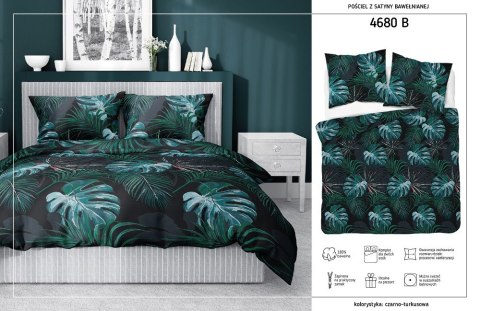Pościel satynowa 180x200 czarna turkusowa liście 4680 B Home Satin 40 Pościel satynowa 180x200 czarna turkusowa liście 4680 B Home Satin 40