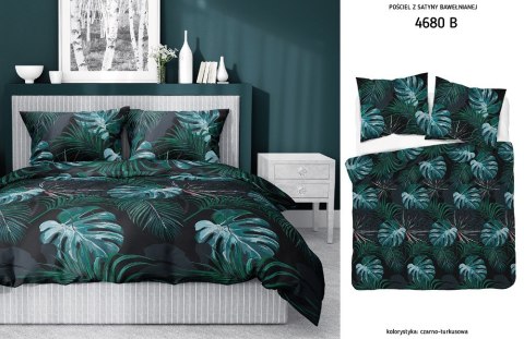 Pościel satynowa 180x200 czarna turkusowa liście 4680 B Home Satin 40 Pościel satynowa 180x200 czarna turkusowa liście 4680 B Home Satin 40