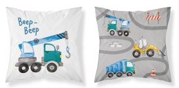 Poszewka bawełniana 40x40 Maszyny budowlane niebieskie beep beep biała szara dwustronna PSBA 07 B Mayamoo 26