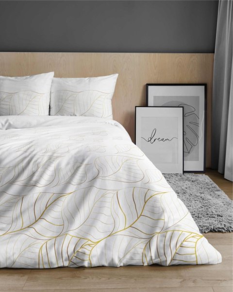 Pościel satynowa 180x200 Biała złote liście 4815 B Home Satin 58 Pościel satynowa 180x200 Biała złote liście 4815 B Home Satin 58