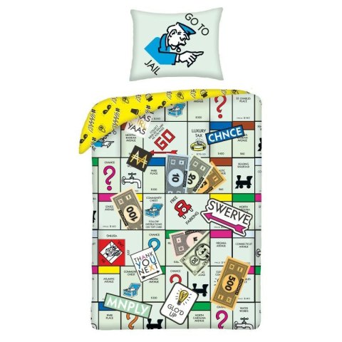 Pościel bawełniana 140x200 Monopoly seledynowa + worek bawełniany poszewka 70x90 Kids 12 Halantex Pościel bawełniana 140x200 Monopoly seledynowa + worek bawełniany poszewka 70x90 Kids 12 Halantex