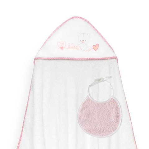 Okrycie kąpielowe 100x100 Corazones biały różowy ręcznik z kapturkiem + śliniaczek