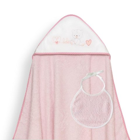 Okrycie kąpielowe 100x100 Corazones różowy ręcznik z kapturkiem + śliniaczek