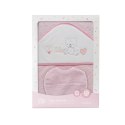 Okrycie kąpielowe 100x100 Corazones różowy ręcznik z kapturkiem + śliniaczek