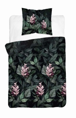 Pościel satynowa 140x200 czarna zielona kwiaty 4912 A z jedną poszewką Home Satin 80