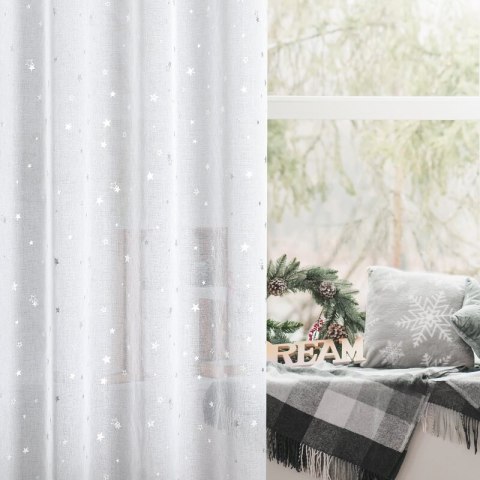 Firana 140x250 Star świąteczna biała srebrna gwiazdki z błyszczącym nadrukiem gotowa na przelotkach Eurofirany Firana 140x250 Star świąteczna biała srebrna gwiazdki z błyszczącym nadrukiem gotowa na przelotkach Eurofirany