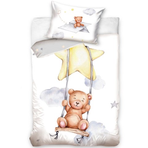 Pościel bawełniana 90x120 poszewka 40x60 Miś na huśtawce biała szara do łóżeczka C24 Pościel bawełniana 90x120 poszewka 40x60 Miś na huśtawce biała szara do łóżeczka C24