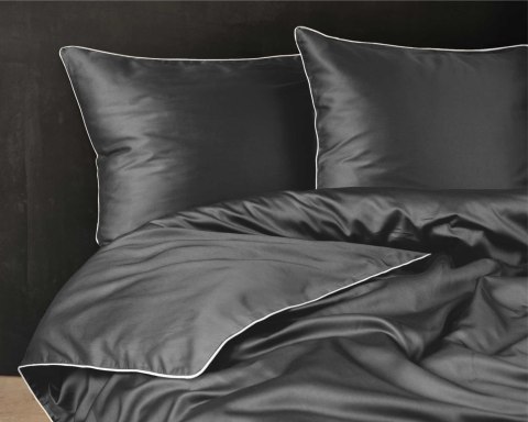 Pościel satynowa 180x200 szara ciemna z lamówką Mako Satin 62 Pościel satynowa 180x200 szara ciemna z lamówką Mako Satin 62