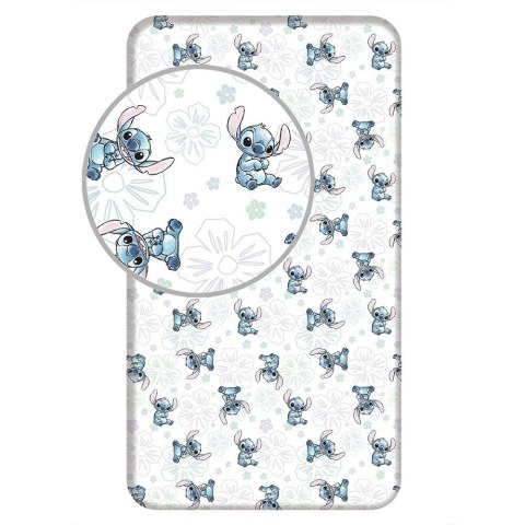 Prześcieradło bawełniane z gumką 90x200 Lilo I Stitch Ohana białe niebieskie dla dzieci JF24 Prześcieradło bawełniane z gumką 90x200 Lilo I Stitch Ohana białe niebieskie dla dzieci JF24