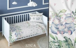 Pościel bawełniana 140x200 hipopotamy biała zielona dziecięca zapinana na suwak 3292 A KARO Kraina Snów
