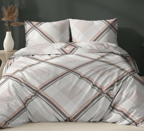 Pościel satynowa 160x200 beżowa kratka zapinana na suwak 5068 A - Karo Satin 160