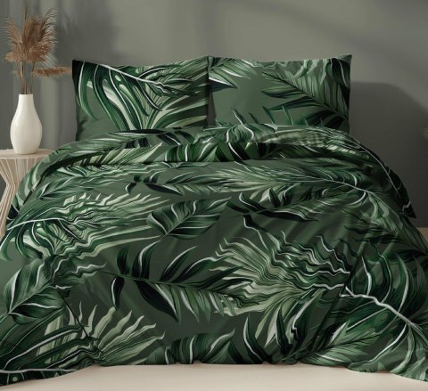 Pościel satynowa 160x200 zielona liście zapinana na suwak 4882 A - Karo Satin 160 Pościel satynowa 160x200 zielona liście zapinana na suwak 4882 A - Karo Satin 160