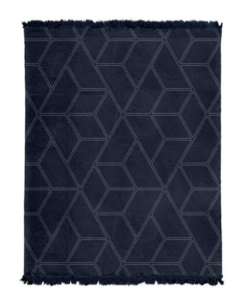 Koc bawełniany akrylowy 150x200 granatowy wzór geometryczny z frędzlami 117jb Koc bawełniany akrylowy 150x200 granatowy wzór geometryczny z frędzlami 117jb
