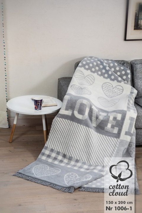 Koc bawełniany akrylowy 150x200 1006/1 love szary biały narzuta pled Koc bawełniany akrylowy 150x200 1006/1 love szary biały narzuta pled