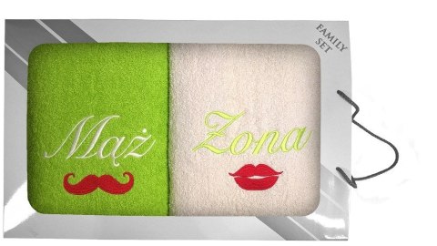 Komplet ręczników w pudełku 2 szt. 70x140 Mąż Żona Usta Wąsy seledynowy 12 kremowy