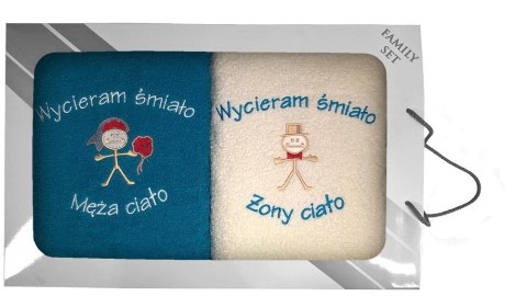 Komplet ręczników w pudełku 2 szt 70x140 Wycieram Śmiało Ciało turkusowy 22 kremowy