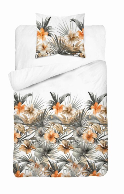 Pościel satynowa 140x200 Biała w pomarańczowe kwiaty i palmy - styl tropikalny, 100% bawełna - 5479 A - Home Satin 71 Pościel satynowa 140x200 Biała w pomarańczowe kwiaty i palmy - styl tropikalny, 100% bawełna - 5479 A - Home Satin 71