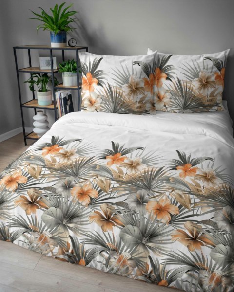 Pościel satynowa 140x200 Biała w pomarańczowe kwiaty i palmy - styl tropikalny, 100% bawełna - 5479 A - Home Satin 71 Pościel satynowa 140x200 Biała w pomarańczowe kwiaty i palmy - styl tropikalny, 100% bawełna - 5479 A - Home Satin 71