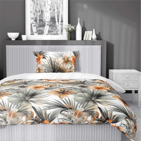 Pościel satynowa 140x200 Biała w pomarańczowe kwiaty i palmy - styl tropikalny, 100% bawełna - 5479 A - Home Satin 71 Pościel satynowa 140x200 Biała w pomarańczowe kwiaty i palmy - styl tropikalny, 100% bawełna - 5479 A - Home Satin 71