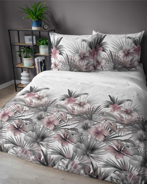 Pościel satynowa 140x200 Biała z liśćmi palmowymi i różowymi hibiskusami - styl tropikalny, 100% bawełna - 5479 B - Home Satin 7 Pościel satynowa 140x200 Biała z liśćmi palmowymi i różowymi hibiskusami - styl tropikalny, 100% bawełna - 5479 B - Home Satin 7