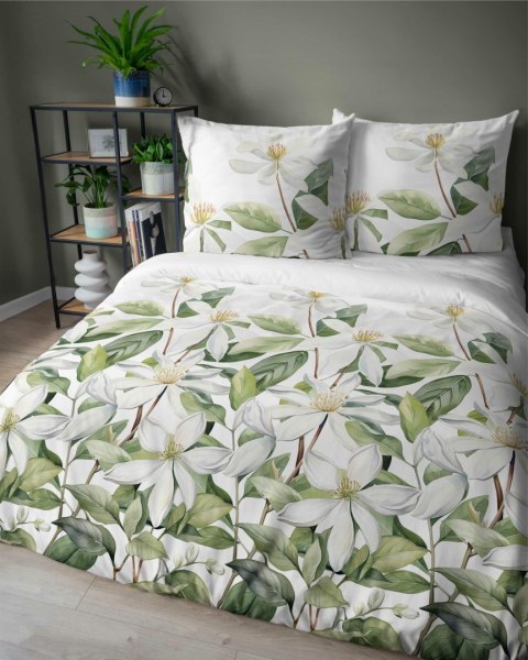 Pościel satynowa 140x200 Biała z zielonymi liśćmi i kwiatami - botaniczna świeżość, 100% bawełna - 5481 A - Home Satin 71 Pościel satynowa 140x200 Biała z zielonymi liśćmi i kwiatami - botaniczna świeżość, 100% bawełna - 5481 A - Home Satin 71