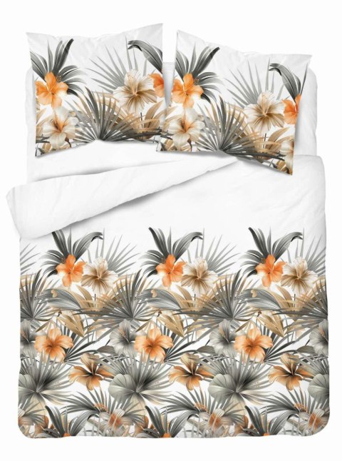 Pościel satynowa 220x200 Biała w pomarańczowe kwiaty i palmy - styl tropikalny, 100% bawełna - 5479 A - Home Satin 71
