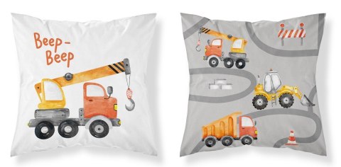 Poszewka bawełniana 40x40 Maszyny budowlane pomarańczowe beep beep biała szara dwustronna PSBA 07 A Mayamoo 26
