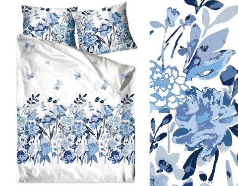 Pościel bawełniana 140x200 Flo błękitna biała liście kwiaty Bielbaw Premium Pościel bawełniana 140x200 Flo błękitna biała liście kwiaty Bielbaw Premium