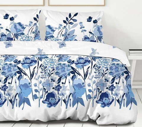Pościel bawełniana 140x200 Flo błękitna biała liście kwiaty Bielbaw Premium Pościel bawełniana 140x200 Flo błękitna biała liście kwiaty Bielbaw Premium