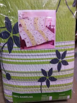 Pościel z kory 200x220 wzór RS010/1 Kwiaty+Paski Zielono-Biało-Szare na guziki 100% bawełna gruba