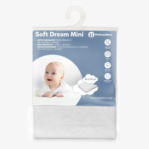 Wodoodporne prześcieradło z gumką do małego łóżeczka Soft Dream Mini 84x50 White PETITE&MARS Wodoodporne prześcieradło z gumką do małego łóżeczka Soft Dream Mini 84x50 White PETITE&MARS